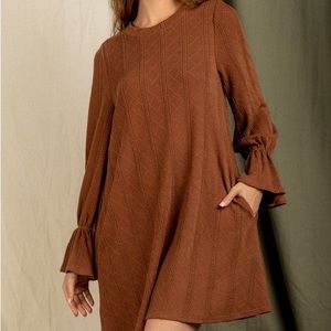 New In Cable Knit Bell Sleeve Mini Dress Burnt Orange. Size M